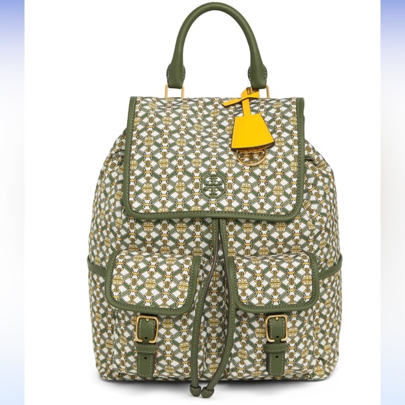 Tory Burch Green and Yellow Patterned Backpack - Picture 1 of 6